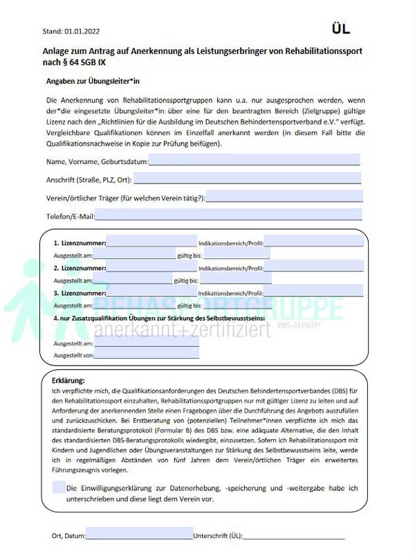 Formblat ÜL - Formulare zum Download für Rehasport Anbieter und Übungsleiter
