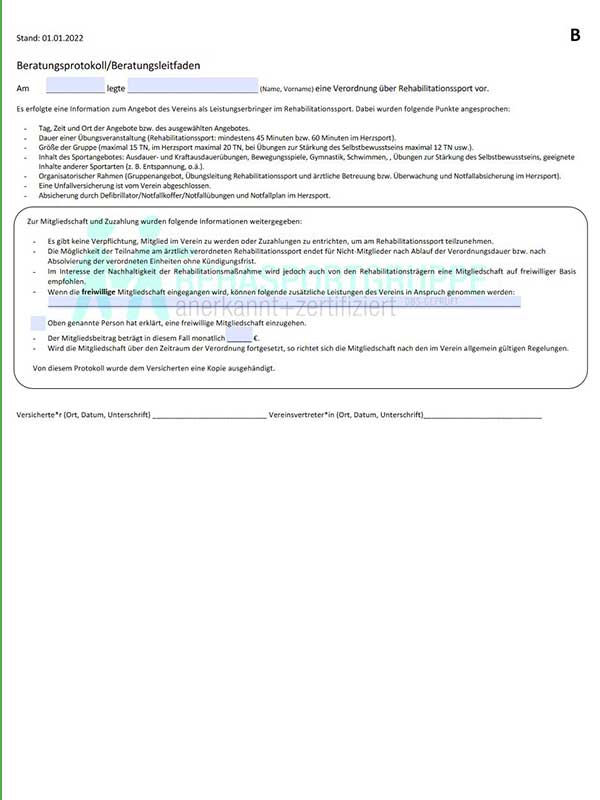 Rehasport Formblatt B - Beratungsprotokoll Formular für Rehabilitationssport Anbieter zum Download